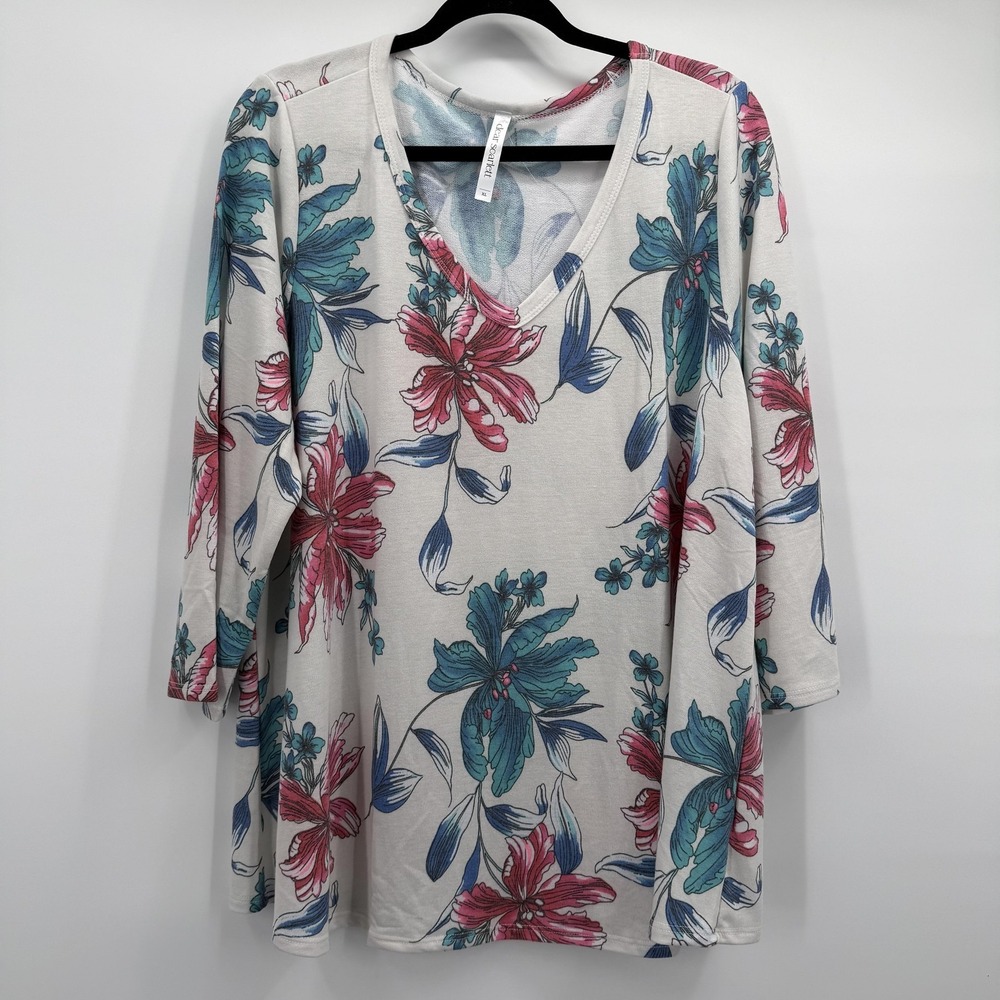 Dear Scarlett Shirt Womens XL Multicolor Floral Tunic V‎ Neck 3/4 Sleeve Top